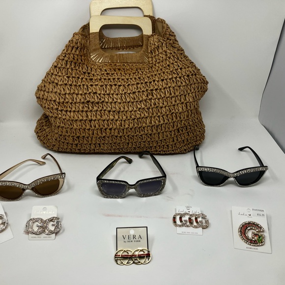 Brown Woven Handbag with Assorted Sunglasses and Jewelry